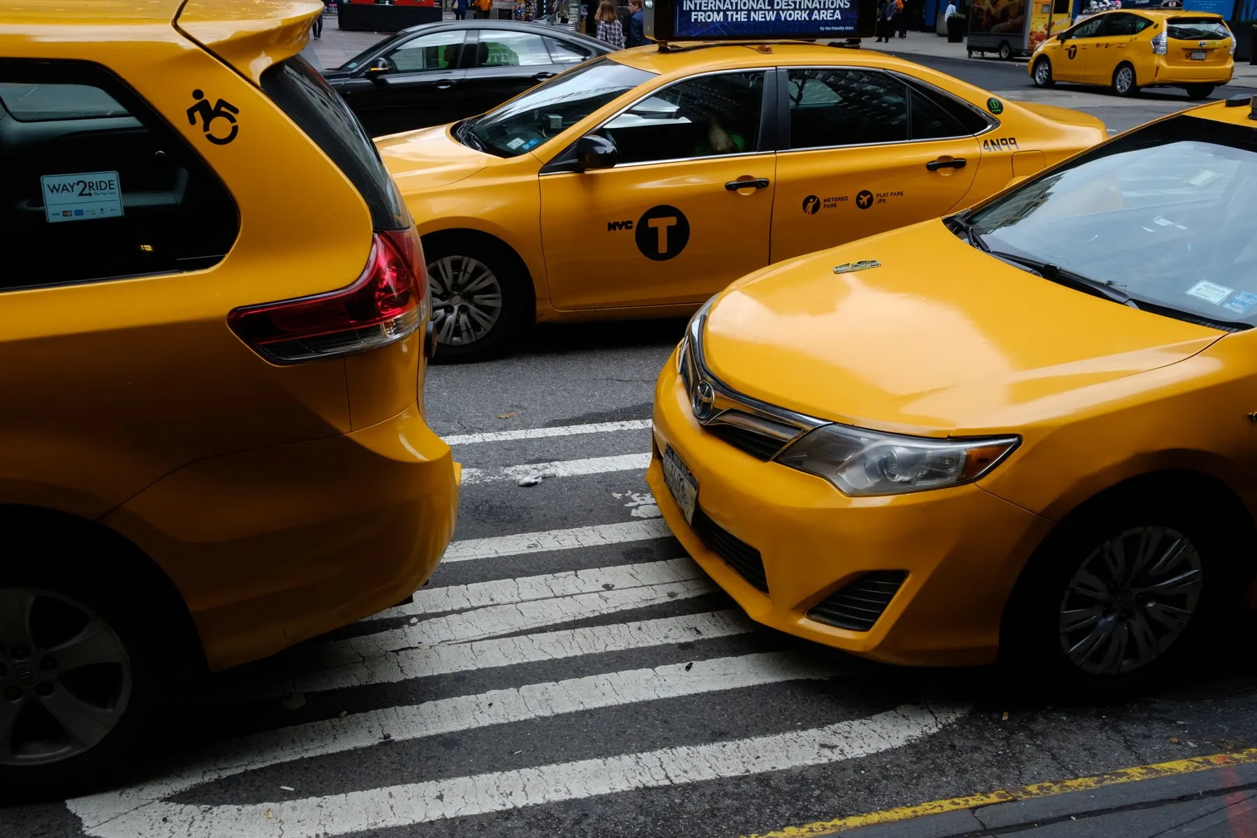 Yellow taxis nose to tail at a crosswalk