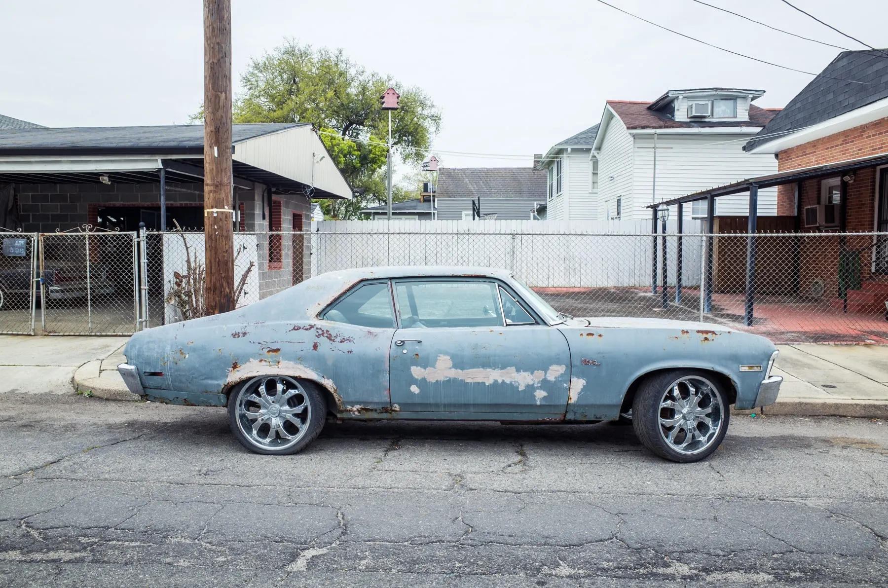 Rusted blue coupe on chrome rims in a suburban yard