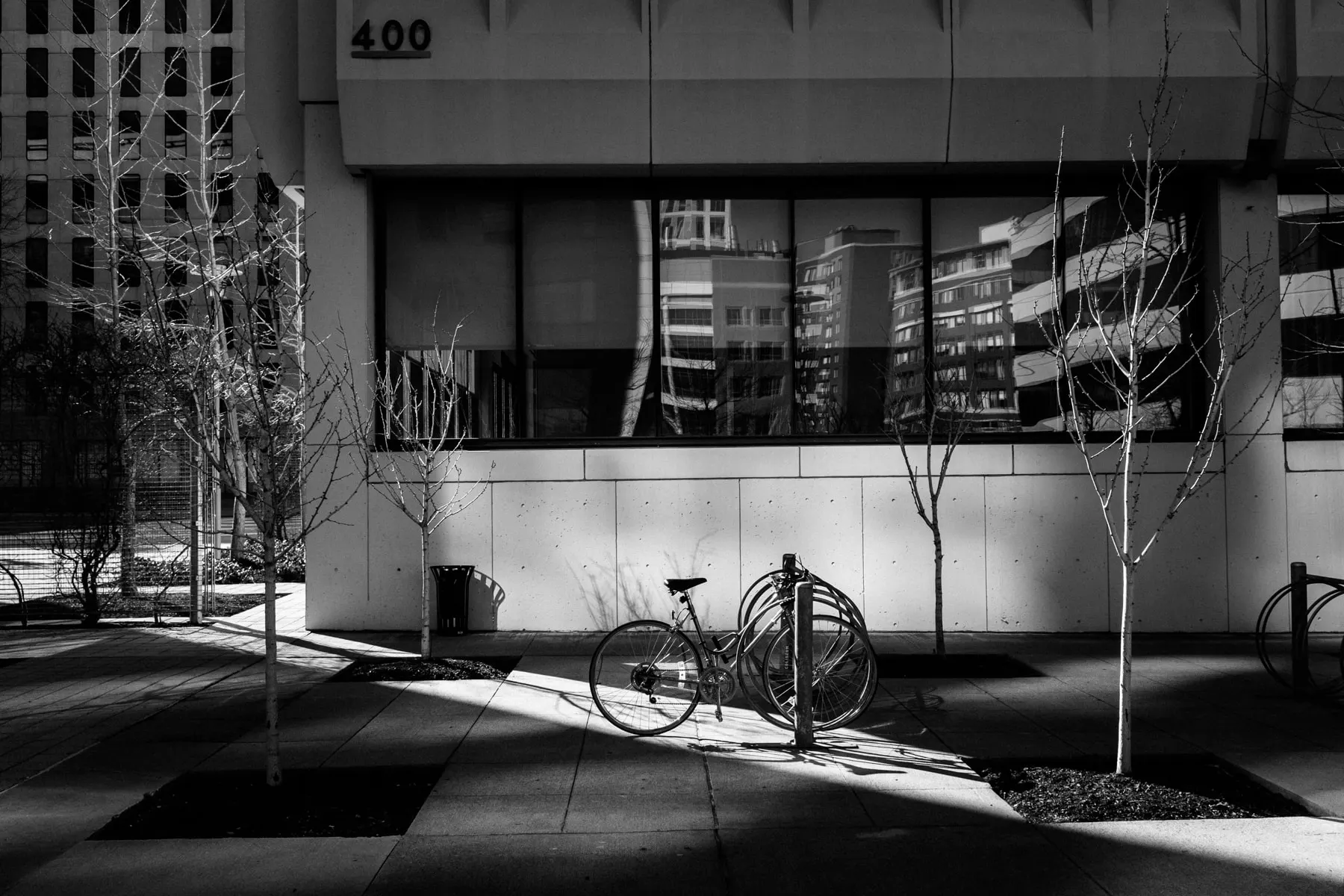 Bicycle locked outside a concrete building with bare young trees