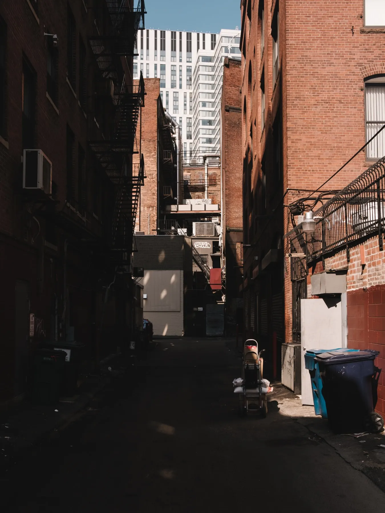 Narrow back alley between brick buildings with fire escapes